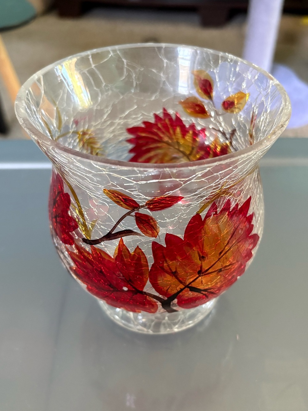 Glass autumn fall decorative vase with leaves